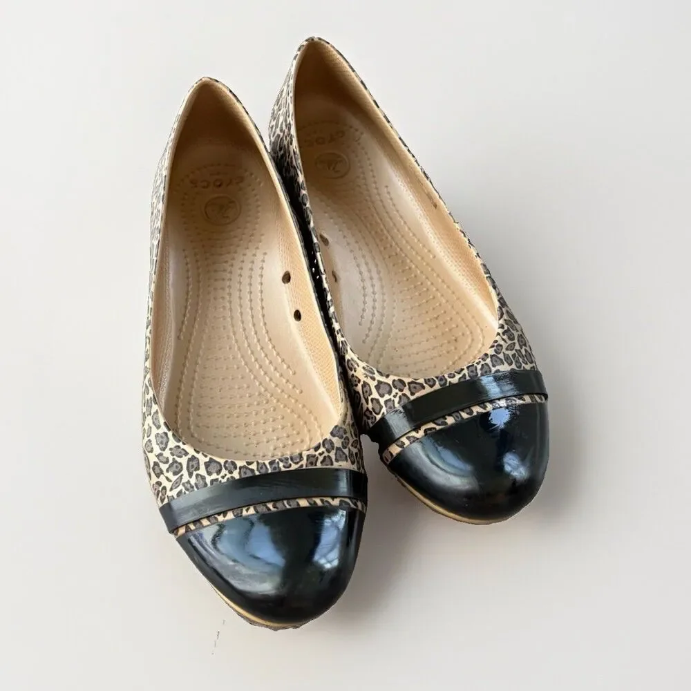 Crocs Cap Toe Leopard Print Ballet Flats Womens Size 8 Brown Black Slip On Shoes